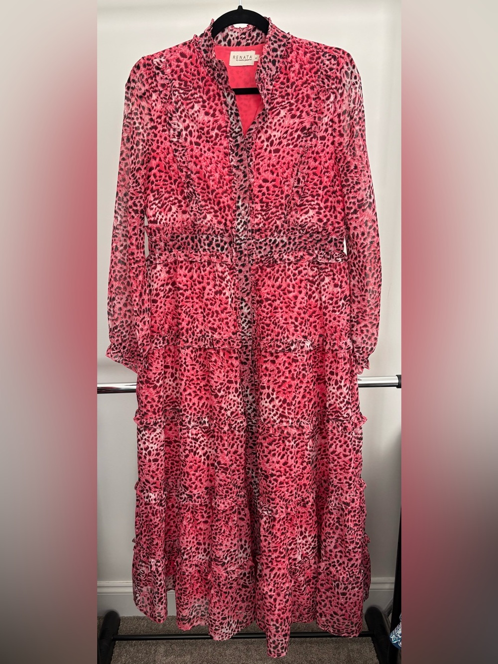 Renata by Renata Gasparian Pink Leopard Print Tiered Ruffle Maxi Dress | Size S